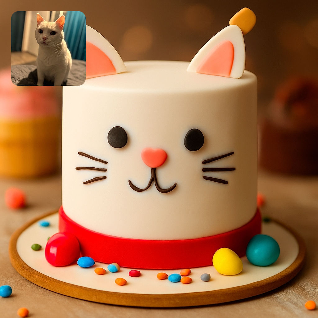 A charming white cat sits patiently on a quilted surface, its large eyes reflecting the soft indoor lighting while the background blurs into cozy home tones, making the feline look like the star of a quiet evening.