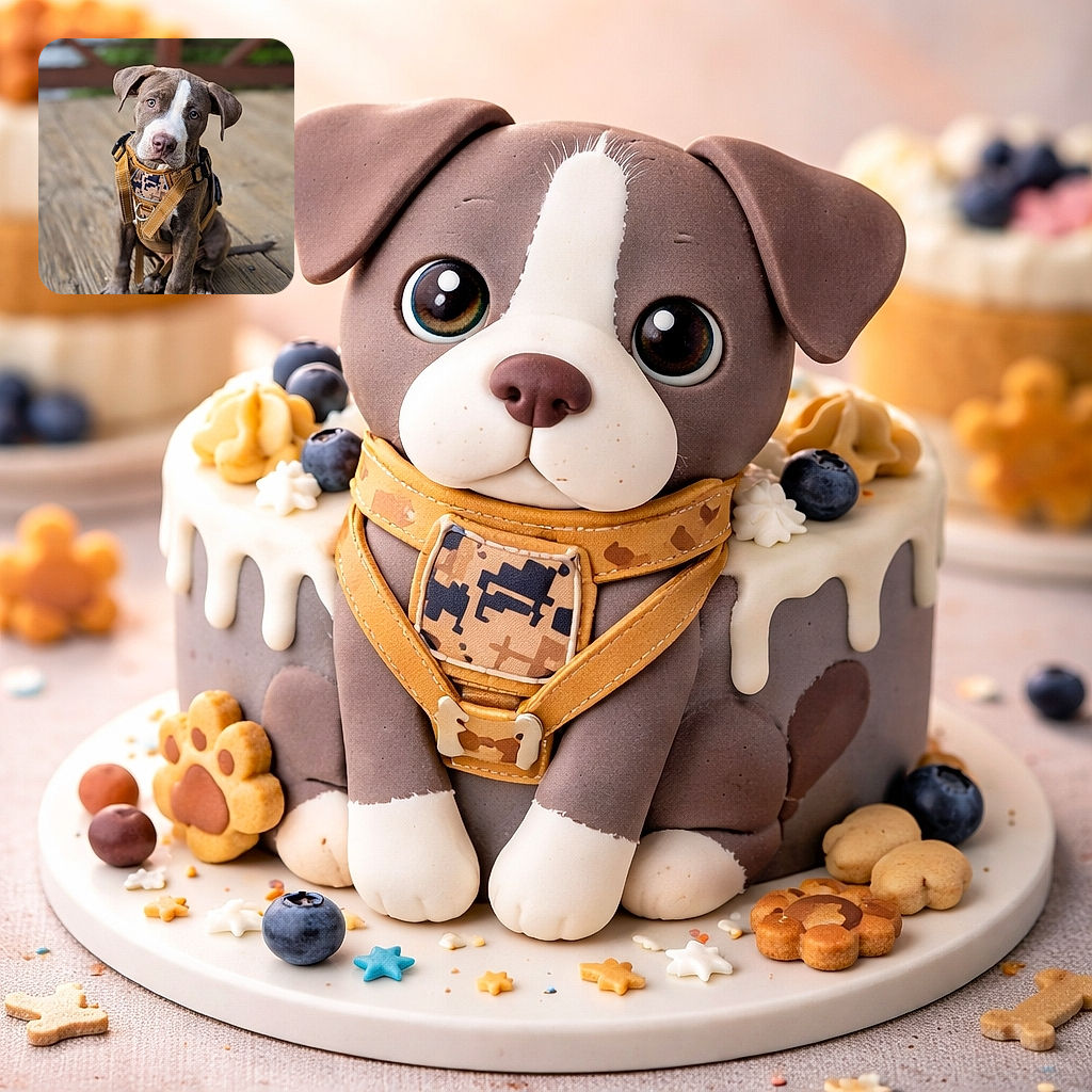 A head-tilting puppy model stares into the camera with soulful eyes and a dashing harness, as if auditioning for 'best cheeky canine of the year'—deck stage, dramatic blur, and maximum adorable energy.