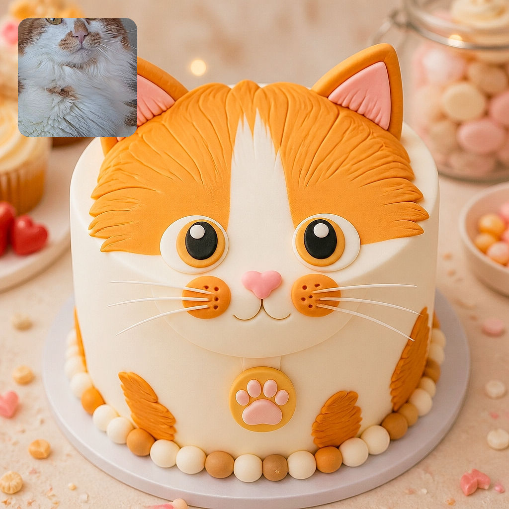 A majestic fluffy orange-and-white cat stares into the camera like a tiny, whiskered lion who has just discovered the household budget. Its golden eyes, pink nose, enormous ruff, and elegantly folded paws make this portrait pure feline royalty.