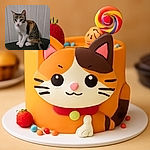 A curious calico cat with big round eyes sits attentively on a dark surface against a plain white paneled wall, looking like it's ready to pounce on invisible prey or demand some treats.