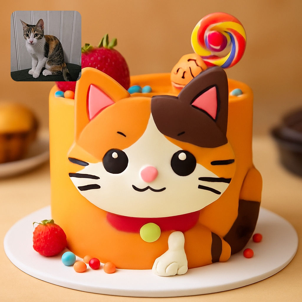 A curious calico cat with big round eyes sits attentively on a dark surface against a plain white paneled wall, looking like it's ready to pounce on invisible prey or demand some treats.