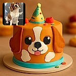 A charming brown and white dog with expressive eyes tilts its head inquisitively, sitting on a dark surface with a playful background featuring dog silhouettes. The focus is sharp on the dog's face, capturing its curious and endearing expression.