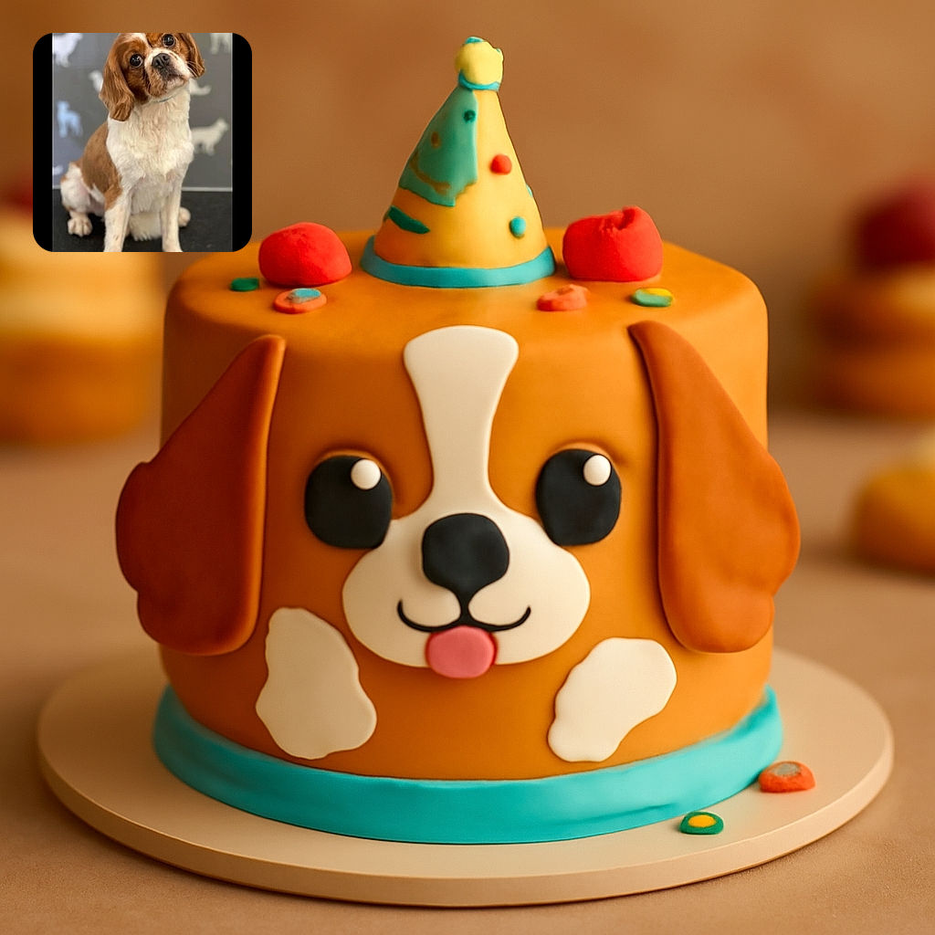 A charming brown and white dog with expressive eyes tilts its head inquisitively, sitting on a dark surface with a playful background featuring dog silhouettes. The focus is sharp on the dog's face, capturing its curious and endearing expression.