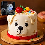 A white dog with a red collar sits indoors looking to the side, surrounded by casual clutter including shoes and a bag, in a dimly lit room with wood paneling and a mop in the background.