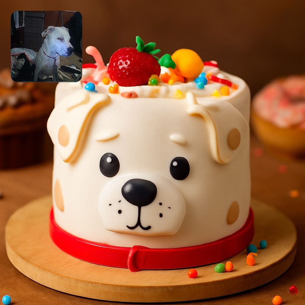 A white dog with a red collar sits indoors looking to the side, surrounded by casual clutter including shoes and a bag, in a dimly lit room with wood paneling and a mop in the background.