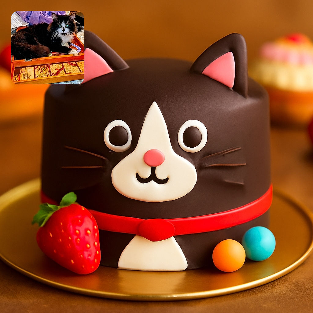 A fluffy black and white cat lounges comfortably inside an open wooden game box, staring directly at the camera with bright eyes. The background includes a purple cloth and some scattered papers, giving a cozy and slightly cluttered vibe.