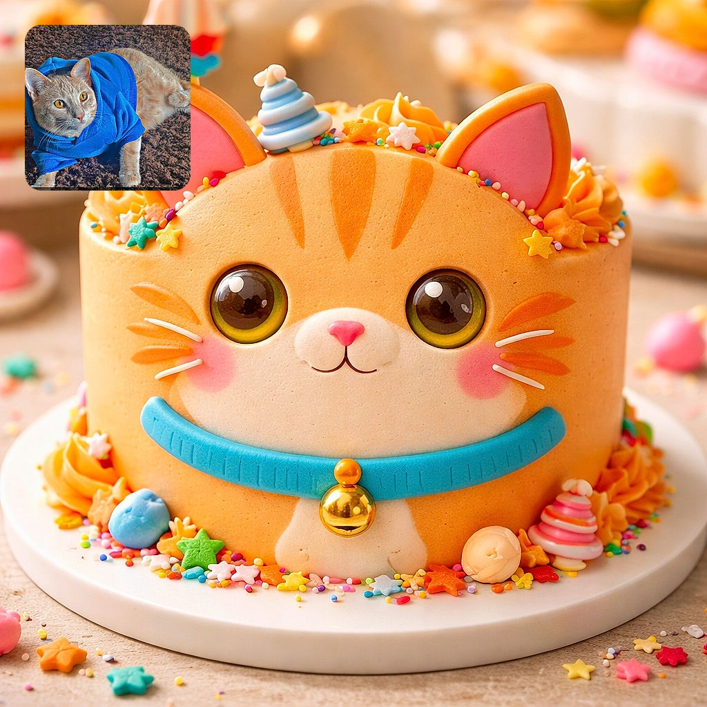 A chubby orange cat rocking a bright blue hoodie, sprawled on a shaggy brown rug and staring with gold-eyes like a tiny, fashionable monarch — complete with a Snapchat birthday banner across the bottom.