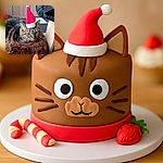 A tabby cat lounges on a fluffy brown cushion, sporting a tiny red and white Santa hat that looks slightly too festive for its serious expression.