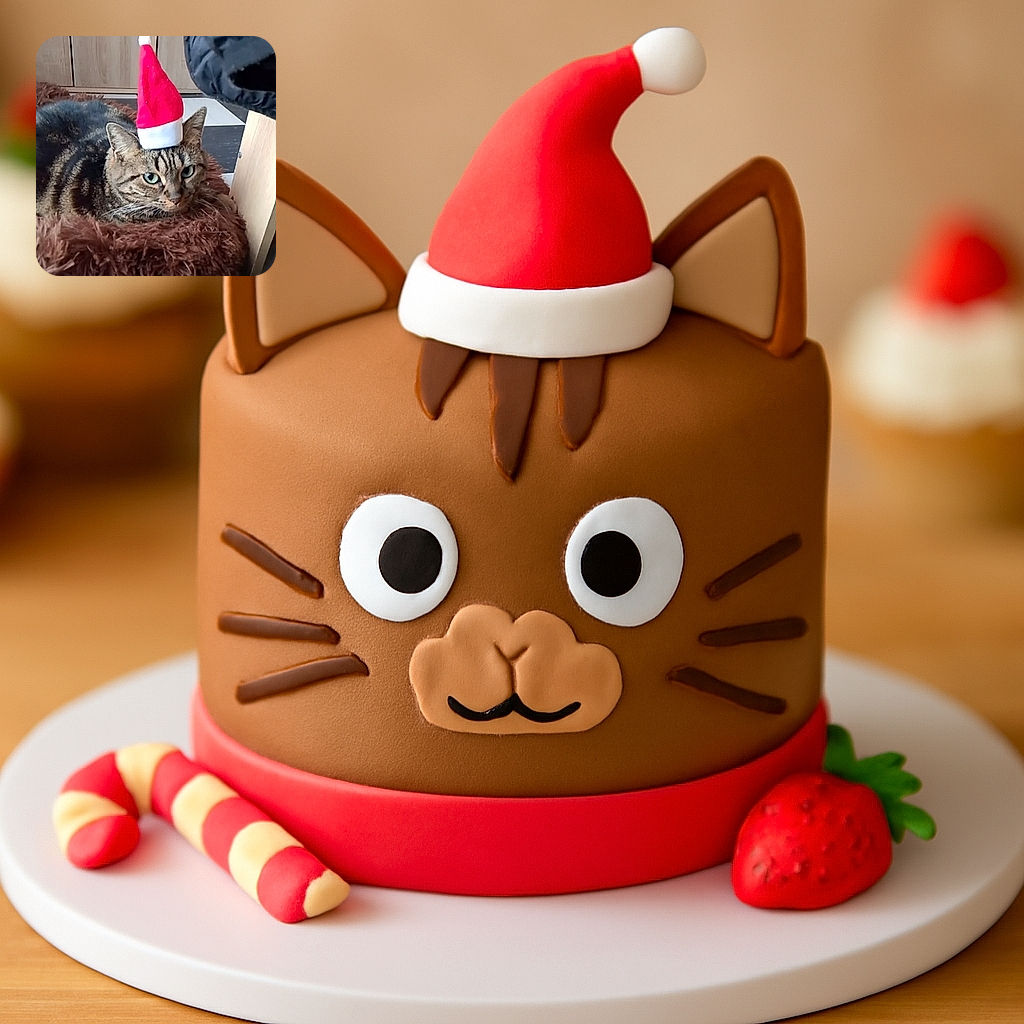 A tabby cat lounges on a fluffy brown cushion, sporting a tiny red and white Santa hat that looks slightly too festive for its serious expression.
