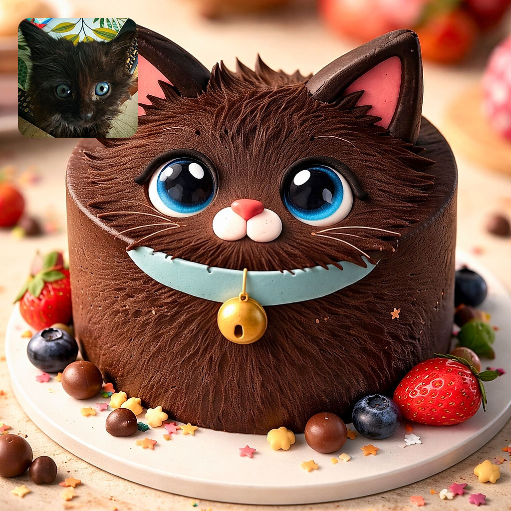 A close-up photo of a fluffy black kitten with striking blue eyes staring curiously into the camera, set against a colorful patterned background and a wooden floor.