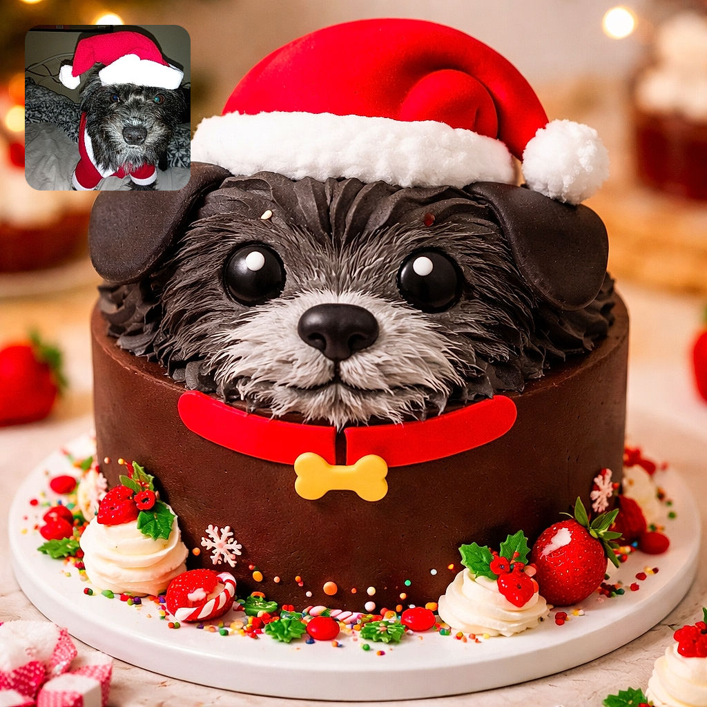 A scruffy pup reluctantly models a Santa suit — nose front-and-center, one blue-tinted flash eye, and a tiny pom-pom threatening to steal the show. Bed sheets and a patterned blanket provide the runway while the dog silently judges your holiday photography skills.