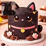 A sleek black cat lounges comfortably on a cozy bed with soft blankets and pillows, its golden eyes staring intently at the camera. The room behind shows a casual, lived-in vibe with wall decorations and a tapestry adding character.