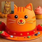 A fluffy orange tabby cat sits upright on a surface, looking directly at the camera with wide curious eyes. The background shows a cozy indoor setting with a blanket and some household items, giving a warm and homely vibe.