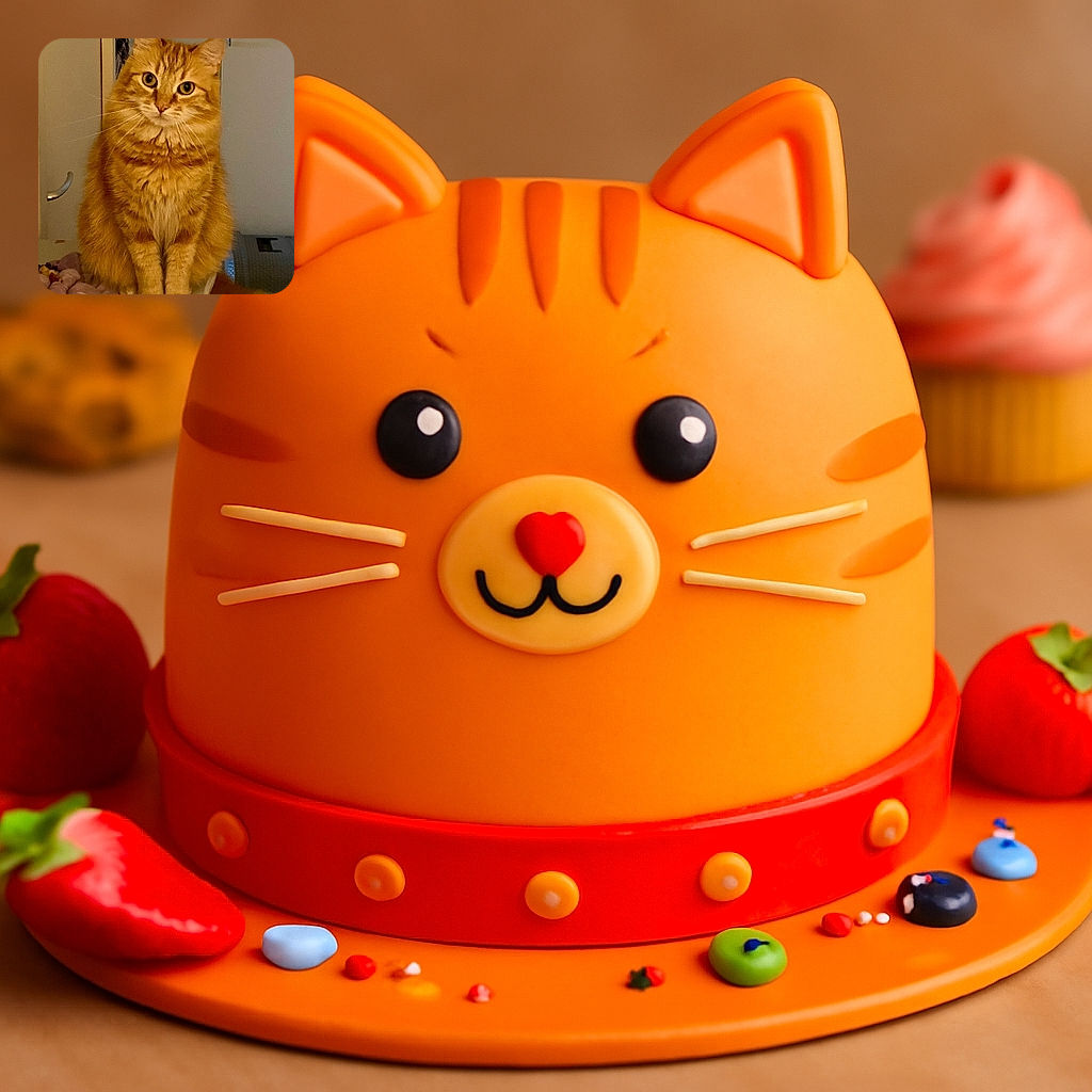 A fluffy orange tabby cat sits upright on a surface, looking directly at the camera with wide curious eyes. The background shows a cozy indoor setting with a blanket and some household items, giving a warm and homely vibe.
