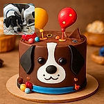 A black and white dog with a blue collar is lying down on a cartoon-printed blanket, seemingly sniffing or licking the fabric. The cozy indoor setting shows some yarn in the background, suggesting a crafty home environment.