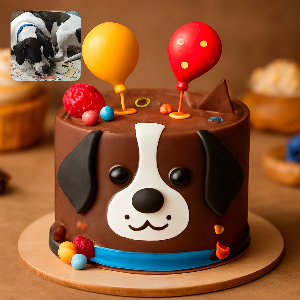 A black and white dog with a blue collar is lying down on a cartoon-printed blanket, seemingly sniffing or licking the fabric. The cozy indoor setting shows some yarn in the background, suggesting a crafty home environment.