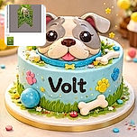 A photo of a dog standing on green grass with a blue ball nearby, displayed within the outline of a tank top design on a customization app screen. The word 'Volt' is visible as part of the design text overlay.