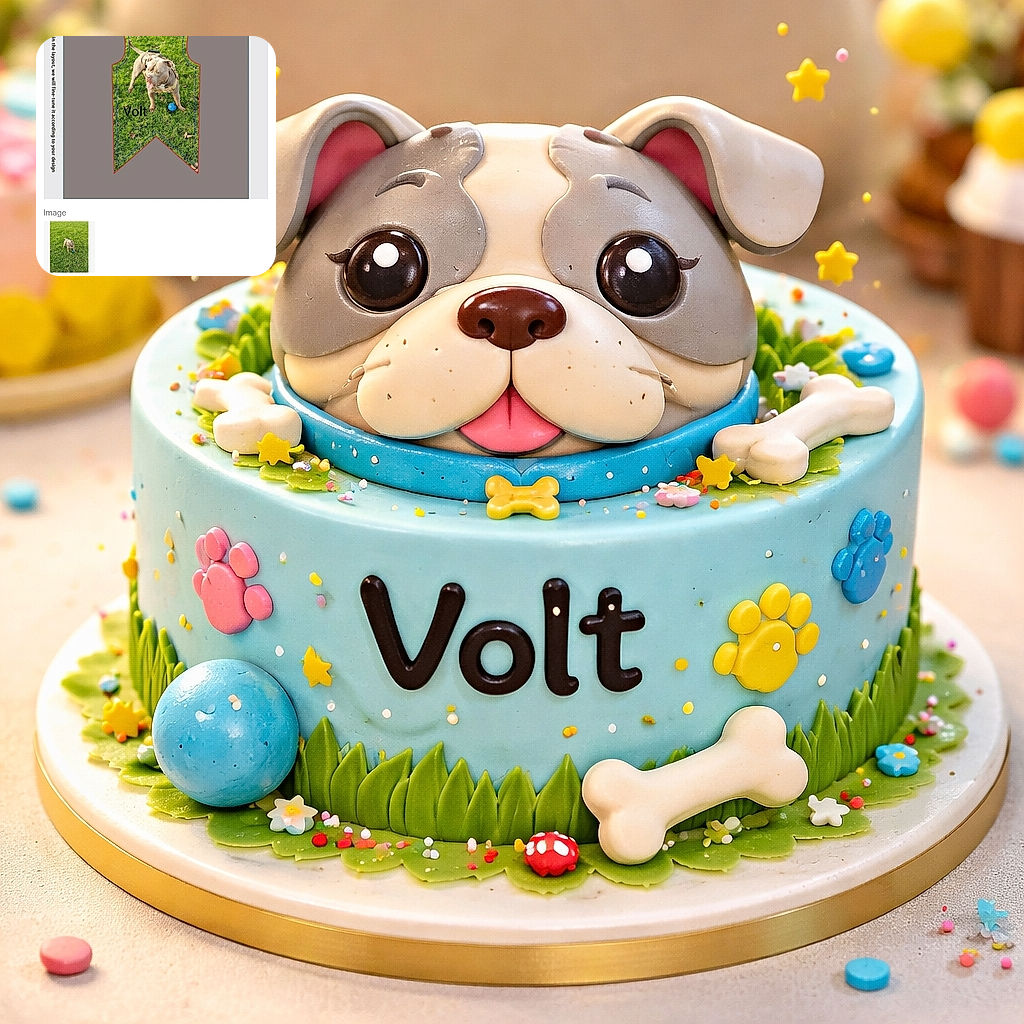 A photo of a dog standing on green grass with a blue ball nearby, displayed within the outline of a tank top design on a customization app screen. The word 'Volt' is visible as part of the design text overlay.