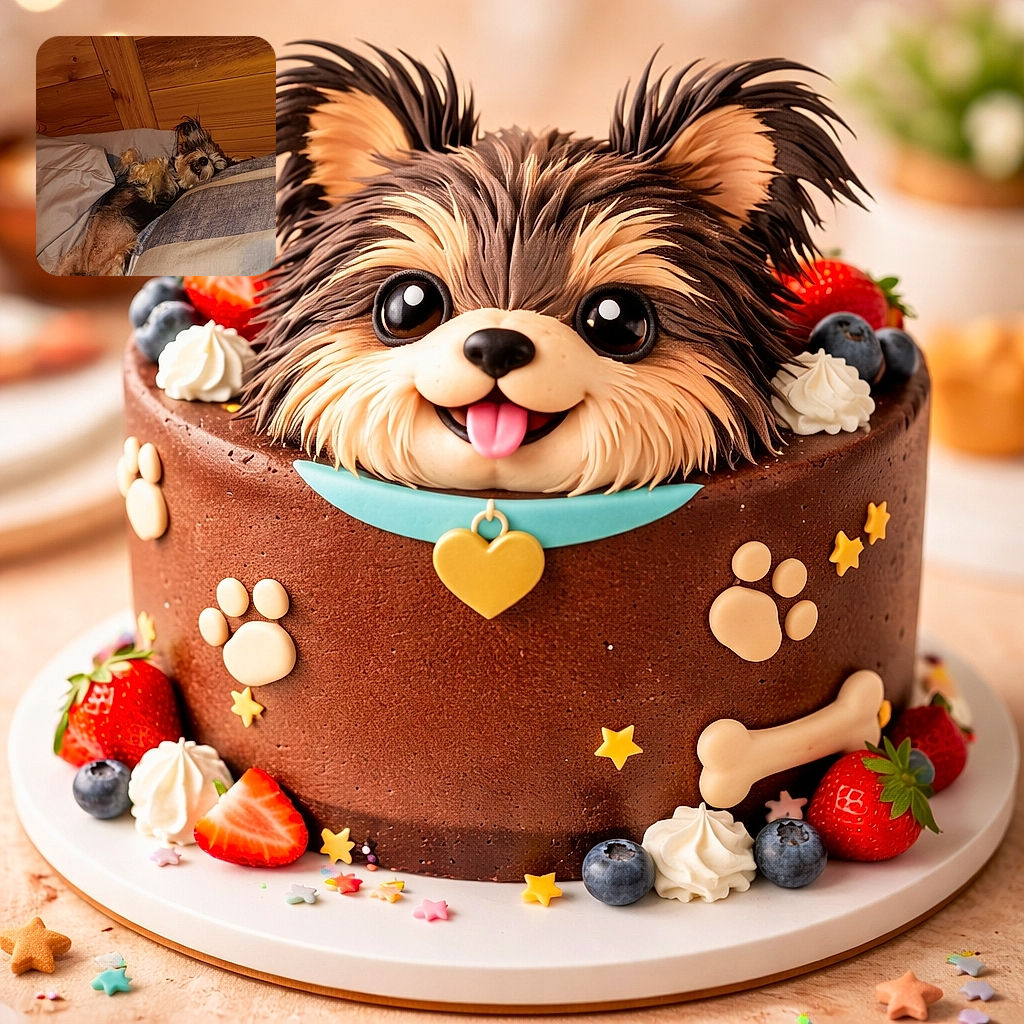 A scruffy little dog is flopped on its back between pillows, looking like it just won nap olympics — eyes half-closed, teeth showing in a goofy grin, and paws curled up as if plotting belly-rub domination. Warm wooden wall and cozy bedding complete the cabin-vibes scene.