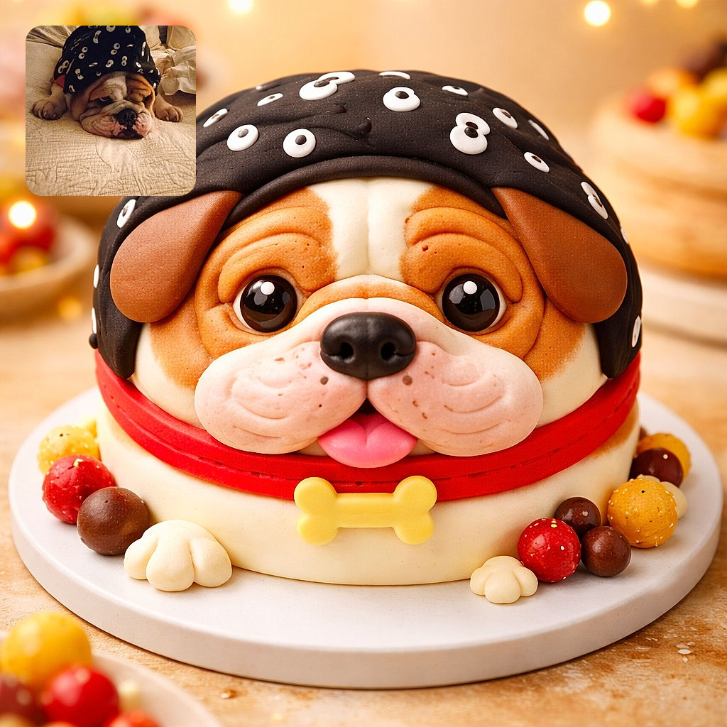 A sleepy bulldog lies on a quilted bedspread, partially covered by a cozy black garment with white eye patterns, looking adorably grumpy and ready for a nap.