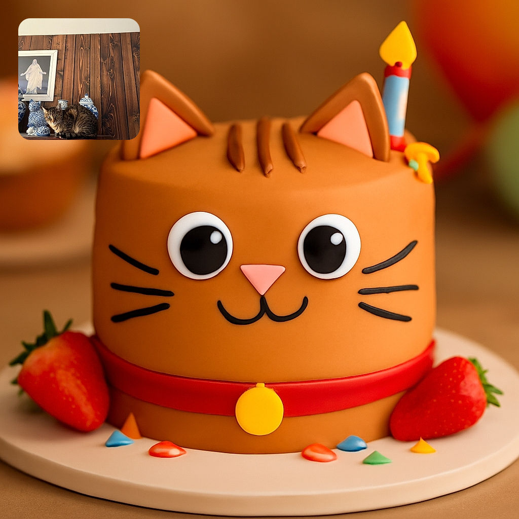 A curious tabby cat perched among blue and white ceramic vases and figurines on a wooden shelf, with a framed picture of a statue hanging on a rustic wood-paneled wall in the background.