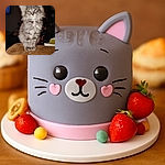 A fluffy gray kitten sits majestically on a soft brown surface, with twinkling colorful lights softly glowing in the dark background, giving the scene a cozy, festive vibe.