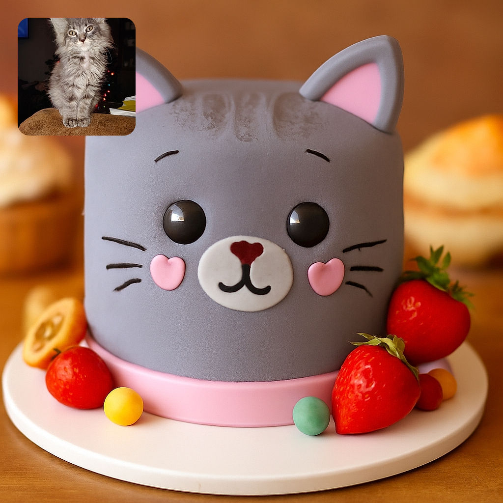 A fluffy gray kitten sits majestically on a soft brown surface, with twinkling colorful lights softly glowing in the dark background, giving the scene a cozy, festive vibe.