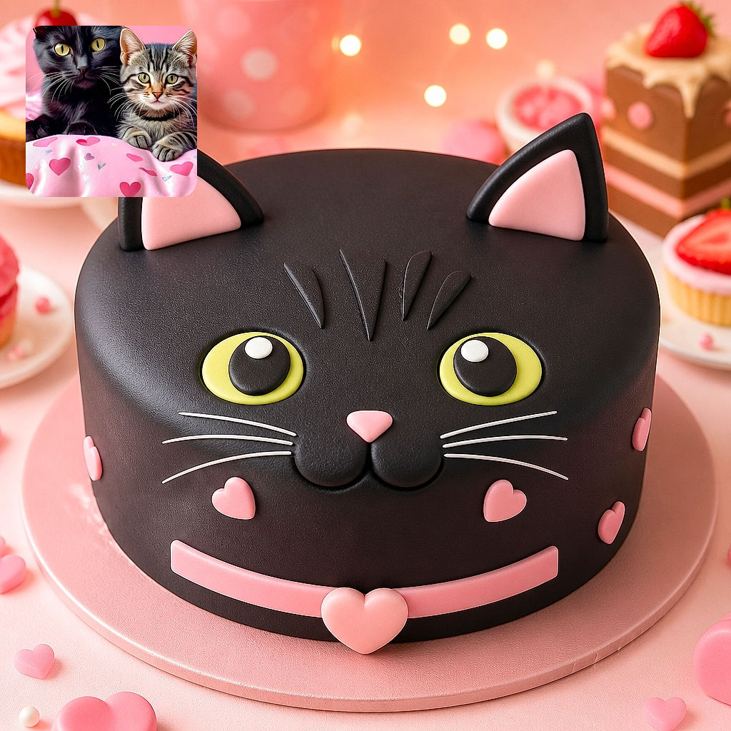 Two adorable cats pose like a tiny Valentine’s Day power couple, tucked under a heart-covered blanket while surrounded by enough pink hearts to make Cupid feel underdressed.