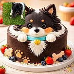 A fluffy black and white dog is curiously sniffing a small bone-shaped treat on a lush green lawn, with its ears perked and paws spread out in an attentive stance.