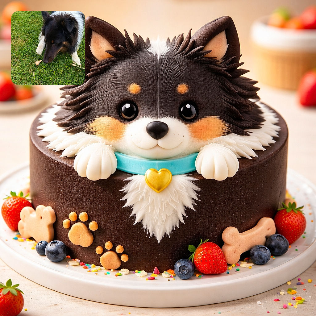A fluffy black and white dog is curiously sniffing a small bone-shaped treat on a lush green lawn, with its ears perked and paws spread out in an attentive stance.