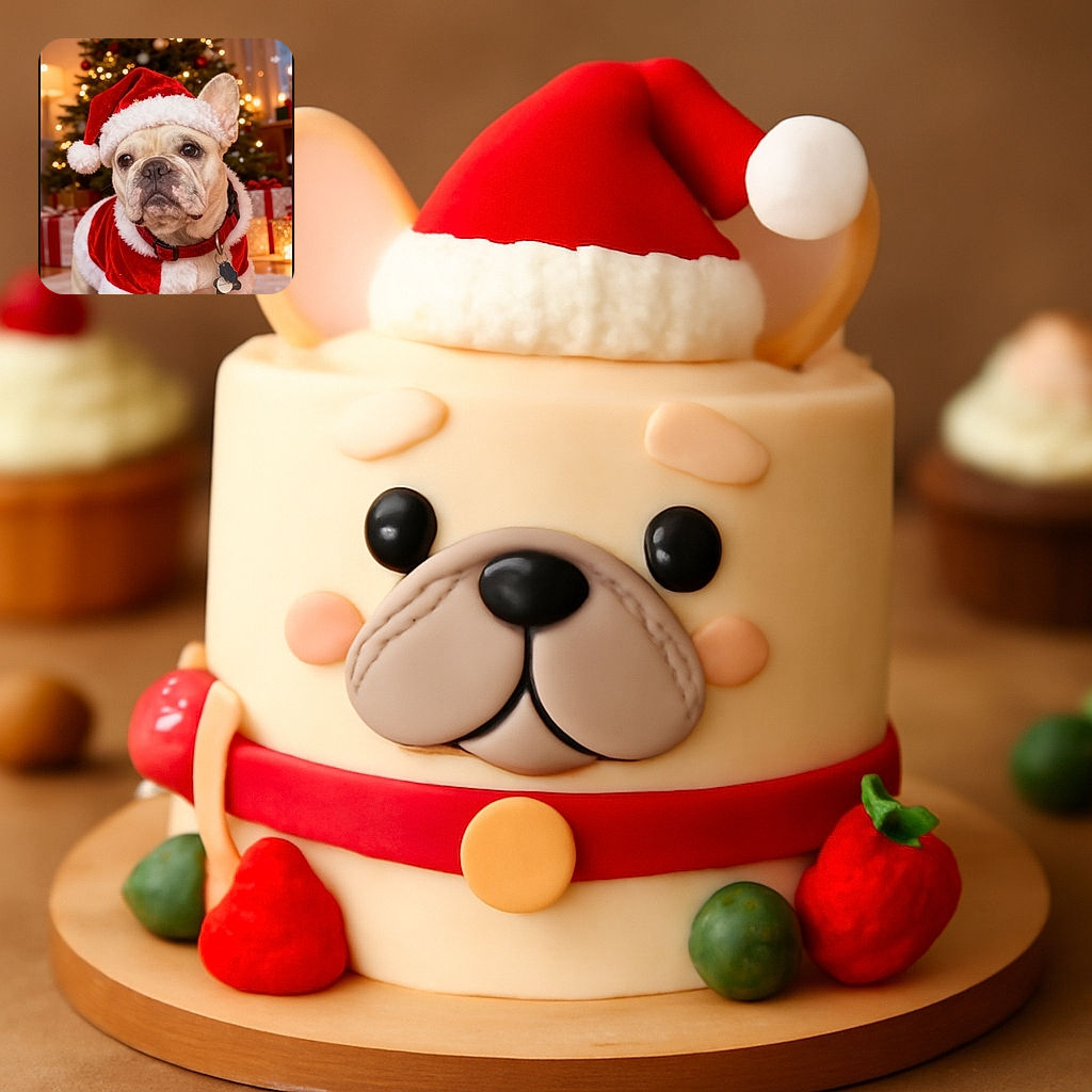 A charming French Bulldog dressed in a festive Santa outfit poses adorably in front of a beautifully decorated Christmas tree with twinkling lights and wrapped presents, creating a cozy holiday atmosphere.