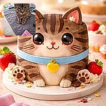 A close-up photo of a tabby cat resting on a quilted grey mat, with its paws neatly tucked under its body. The background shows a colorful playpen and some household items, while a soft pink and white blanket peeks into the foreground, adding a cozy vibe.