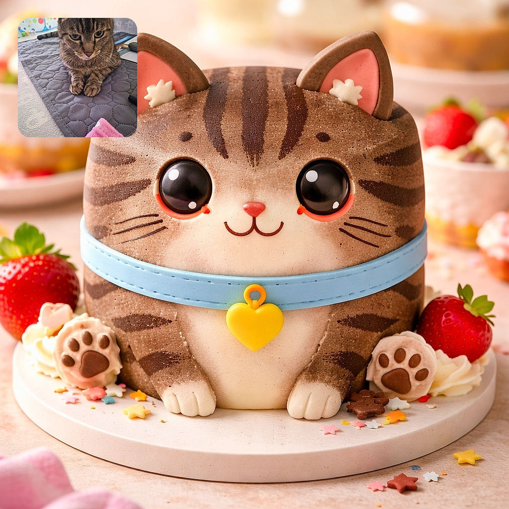 A close-up photo of a tabby cat resting on a quilted grey mat, with its paws neatly tucked under its body. The background shows a colorful playpen and some household items, while a soft pink and white blanket peeks into the foreground, adding a cozy vibe.