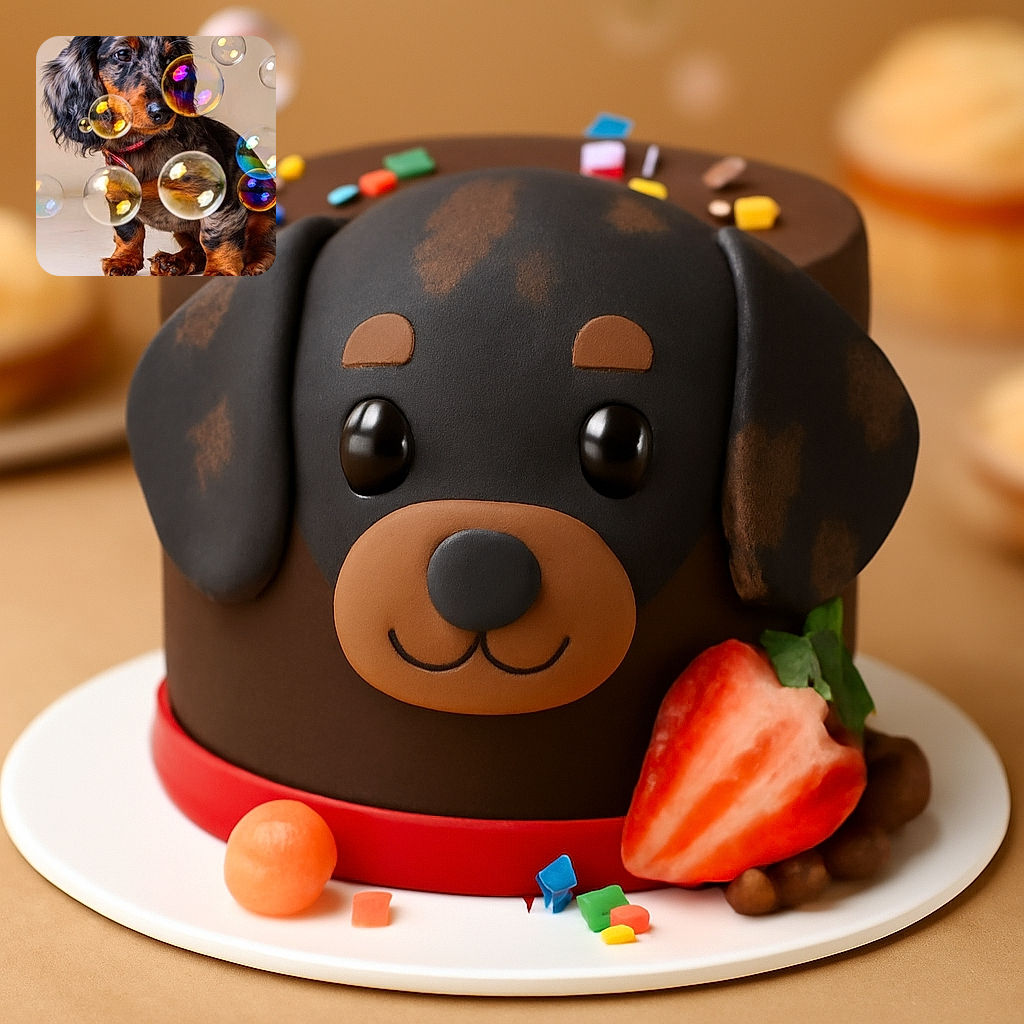 A charming dachshund puppy with a beautiful dappled coat sits amidst floating iridescent bubbles, looking curiously at one that almost touches its nose, creating a whimsical and playful scene.