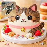 A curious tabby cat with striking green eyes lounges on a wooden floor, stretching out its paws with a relaxed yet attentive pose. The cat wears a pink collar with a bell, and nearby lies a purple collar, hinting at some playful accessorizing. The background shows a tripod leg and a slightly raised floor area, adding a casual home vibe.