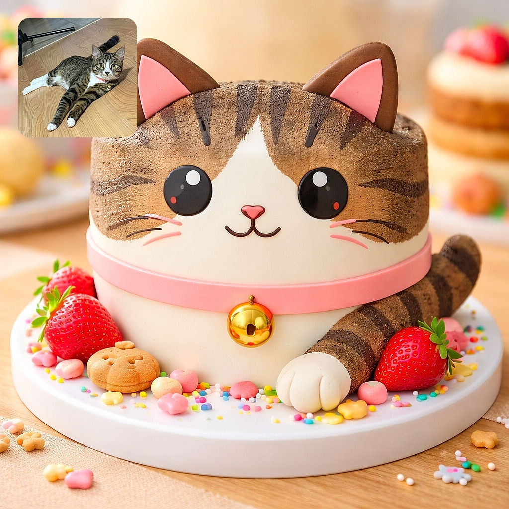 A curious tabby cat with striking green eyes lounges on a wooden floor, stretching out its paws with a relaxed yet attentive pose. The cat wears a pink collar with a bell, and nearby lies a purple collar, hinting at some playful accessorizing. The background shows a tripod leg and a slightly raised floor area, adding a casual home vibe.