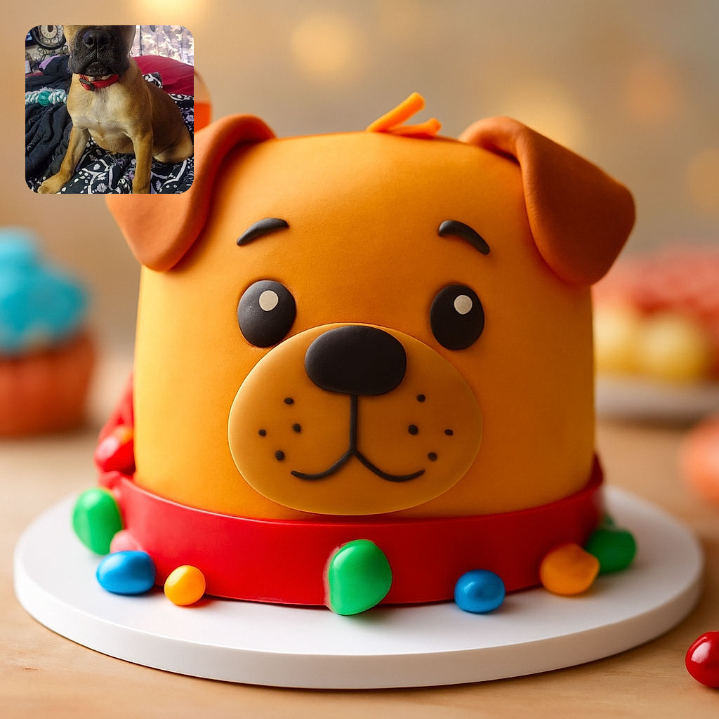 A curious brown dog with soulful eyes sits attentively on a patterned blanket, wearing a red collar. Behind, a clock and some household items add a cozy indoor vibe, while soft light filters through camouflage curtains.