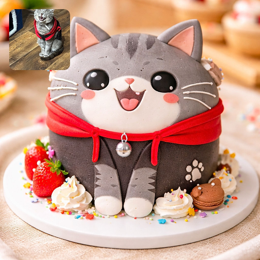 A grey tabby in a red-and-black sweater caught mid-aria — mouth wide, whiskers akimbo, and eyes squeezed shut like it's dramatically demanding treats (or applause). Wooden floor, a cozy bed and a spring toy frame the scene while the cat delivers maximum theatrical performance.