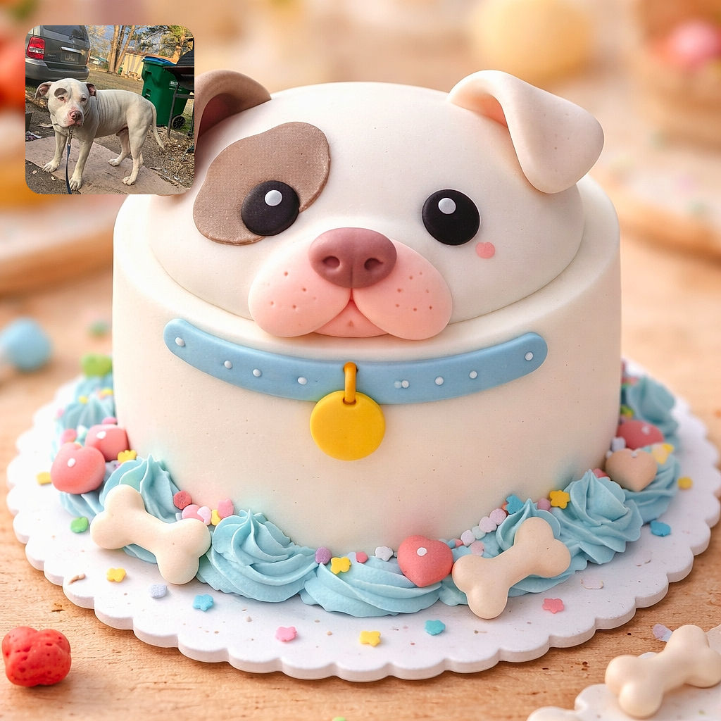 A stoic white pit bull with a distinctive brown eyebrow spot stares at the camera like it's considering the meaning of walks, standing on a flattened piece of cardboard in a cluttered yard — leash clipped, paws planted, with a minivan, green trash bin and a grill providing suburban drama in the background.