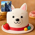 A fluffy white dog, possibly a Swiss Shepherd, is front and center with a curious and friendly expression. The background shows a serene outdoor setting with a pool, wooden deck, and green trees under a clear blue sky, creating a peaceful and natural vibe.