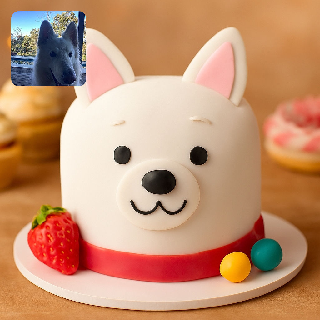 A fluffy white dog, possibly a Swiss Shepherd, is front and center with a curious and friendly expression. The background shows a serene outdoor setting with a pool, wooden deck, and green trees under a clear blue sky, creating a peaceful and natural vibe.