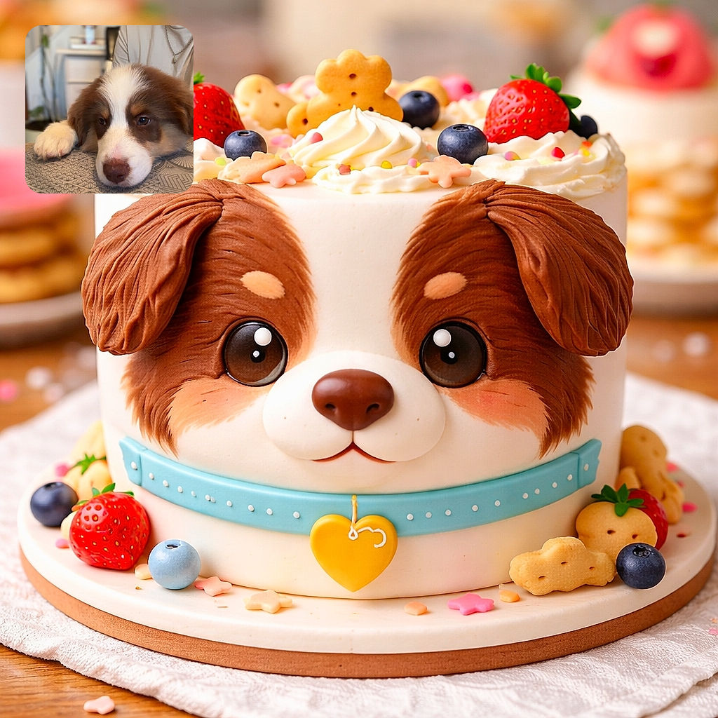A cozy scene featuring an adorable puppy resting its head on a patterned surface, with a person partially visible in the background wearing a light-colored shirt and necklace. The background is softly blurred, highlighting the puppy's expressive eyes and fluffy fur.