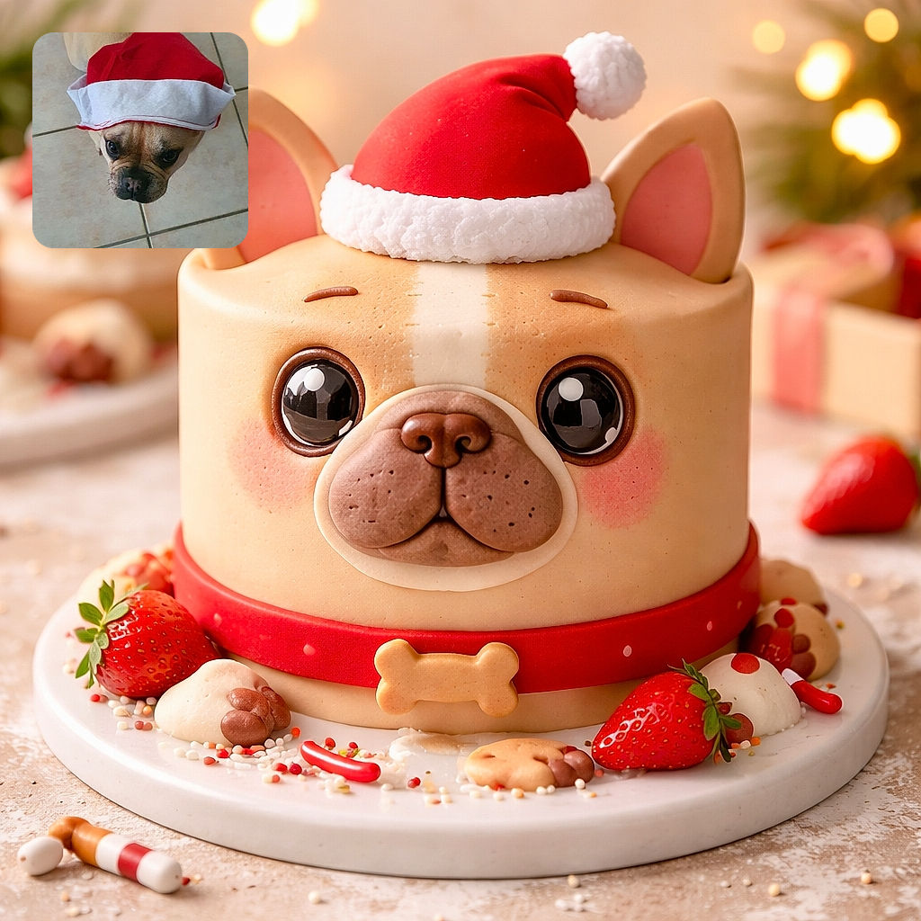 A small dog wearing a slightly oversized red and white Santa hat looks up with a curious and slightly guilty expression while standing on a tiled floor, ready to spread some holiday cheer or maybe just get a treat.