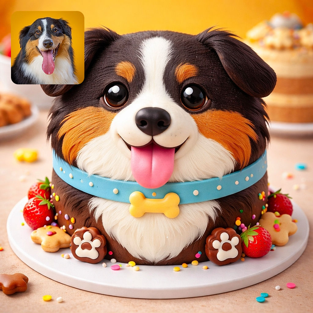 A joyful close-up portrait of an Australian Shepherd dog with its tongue hanging out, set against a vibrant yellow background. The dog's expressive eyes and fluffy fur are captured in sharp detail, radiating happiness and playful energy.