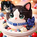 A curious black and white kitten with huge, wide eyes stares intently, wearing a festive blue bow tie with red stars. In the background, a bright firework bursts in the night sky, adding a celebratory vibe to this adorable close-up.