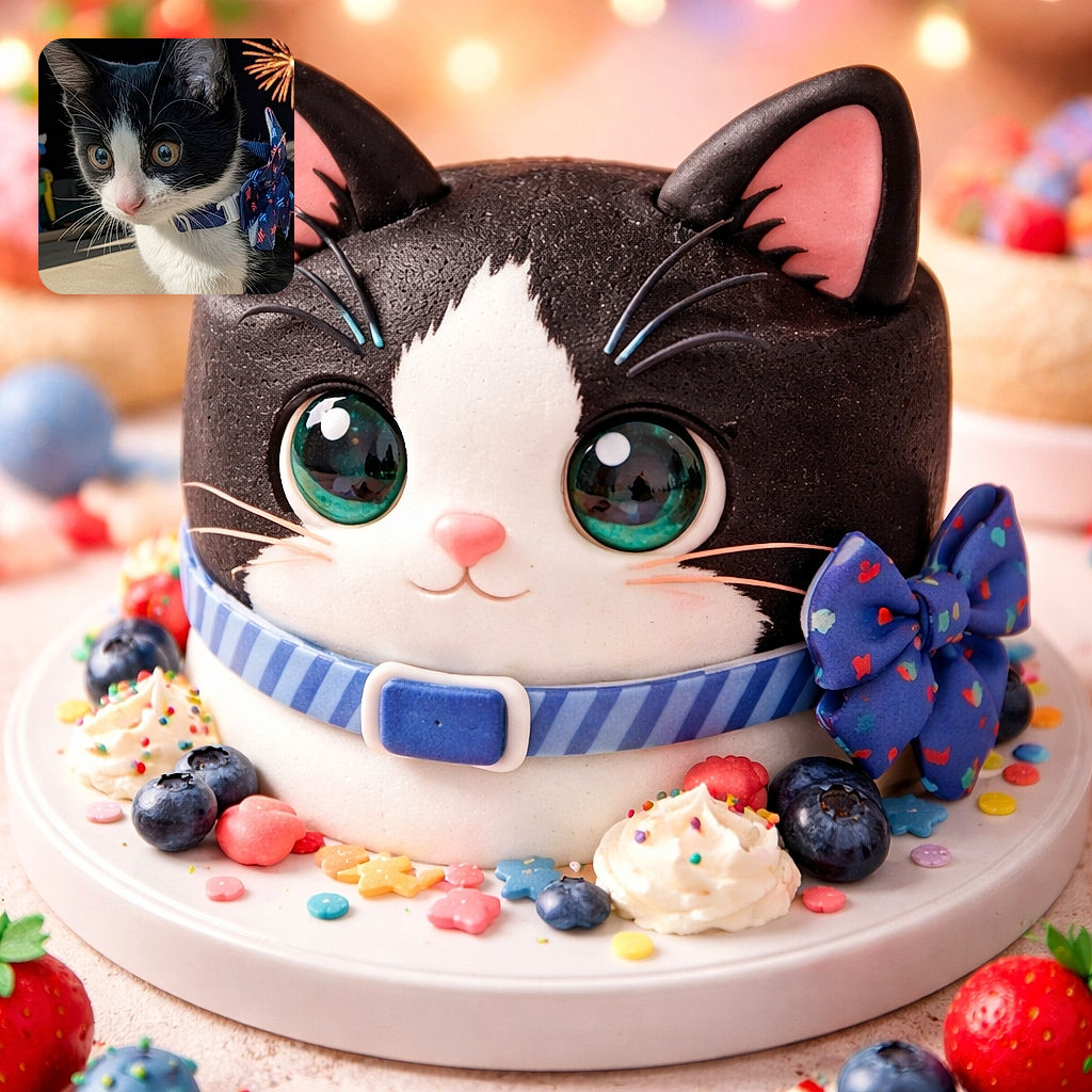 A curious black and white kitten with huge, wide eyes stares intently, wearing a festive blue bow tie with red stars. In the background, a bright firework bursts in the night sky, adding a celebratory vibe to this adorable close-up.
