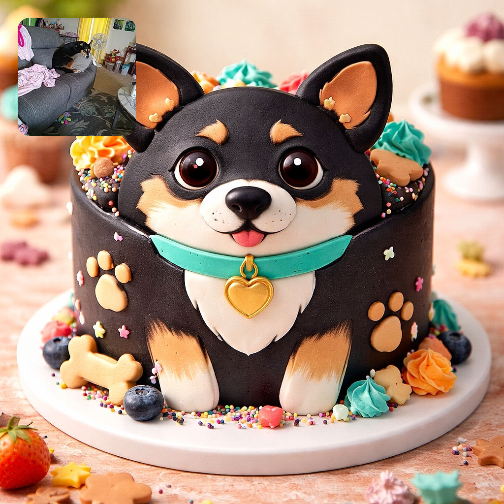 A cozy living room scene with a content dog lounging on a gray couch, resting its head on a pillow. The room is warmly lit with yellow curtains, green drapes, and a fan in the background, surrounded by various household items and colorful toys on the carpet.