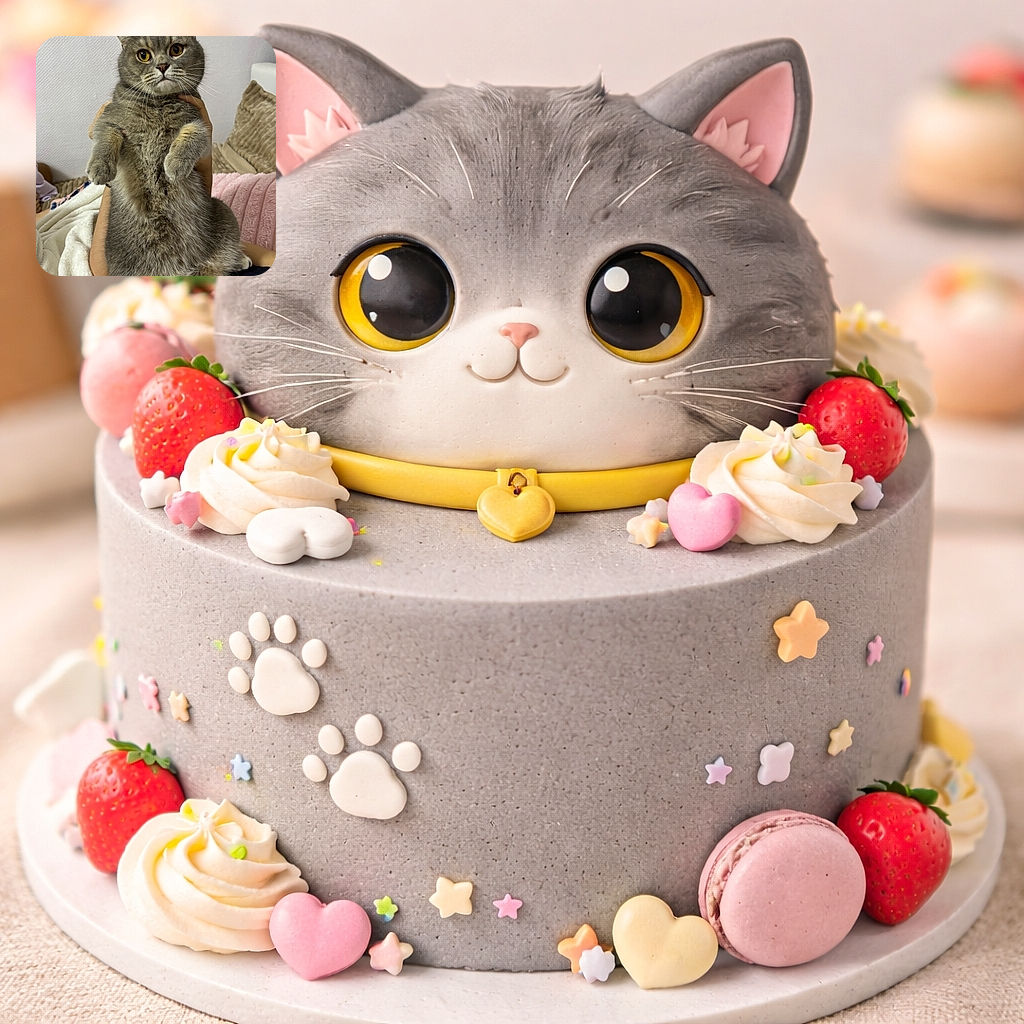 A wide-eyed, chubby gray cat is being held upright like a tiny fur-baby monarch — whiskers on high alert, paws dangling adorably, and a slightly confused expression that says, 'Why am I famous?'. Cozy blankets and a hand cradling the cat complete the snug indoor scene.