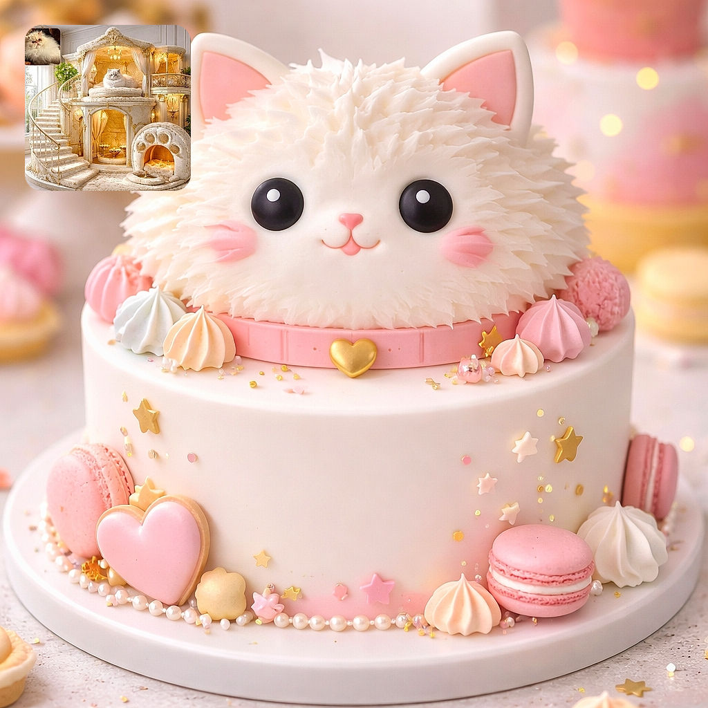 A pampered fluffy white cat presides over a tiny gilded palace — plush canopy bed, spiral staircase, chandeliers and a paw-shaped cozy cave — while a second grumpy floof peeks from a small inset portrait. It's ridiculous, opulent, and the cat clearly expects tribute.