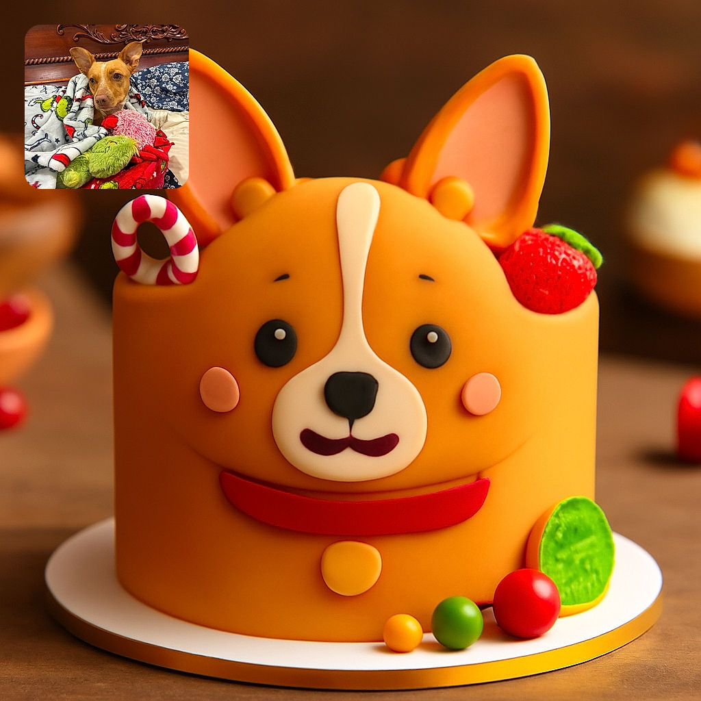 A cozy dog wrapped snugly in festive blankets, surrounded by colorful plush toys, looking curiously off-camera with big ears perked up against a carved wooden headboard backdrop.